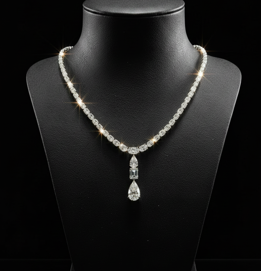 A silver-tone necklace with a clear teardrop-shaped pendant and a small clear rectangular accent, displayed on a black jewelry bust.