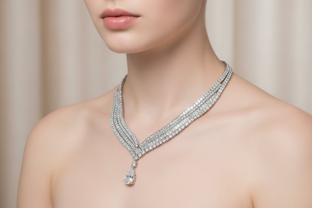 Diamond necklace on a mannequin with a neutral background