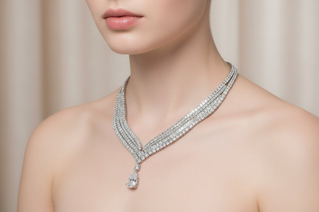 Diamond necklace on a mannequin with a neutral background