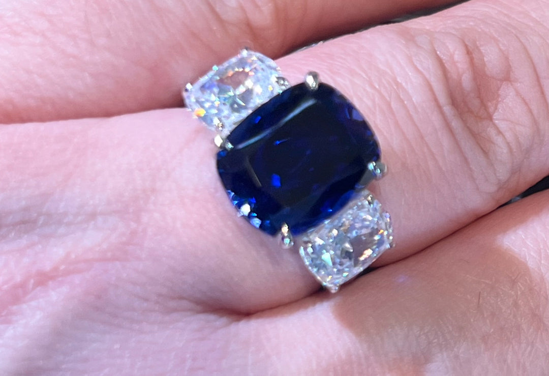 Three cushion blue ring خاتم  أزرق كوشن - just like diamonds