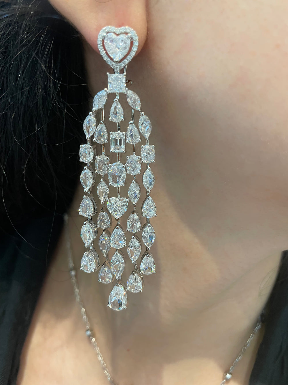 Pears and heart cut  chandelier earrings أقراط الشاندليير بالقلب والدمعات - just like diamonds
