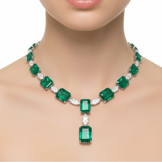 Marques with Green emerald  necklace قلادة الماركيز والزمرد - just like diamonds
